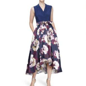 SLNY V-Neck Floral Print Mikado Dress
